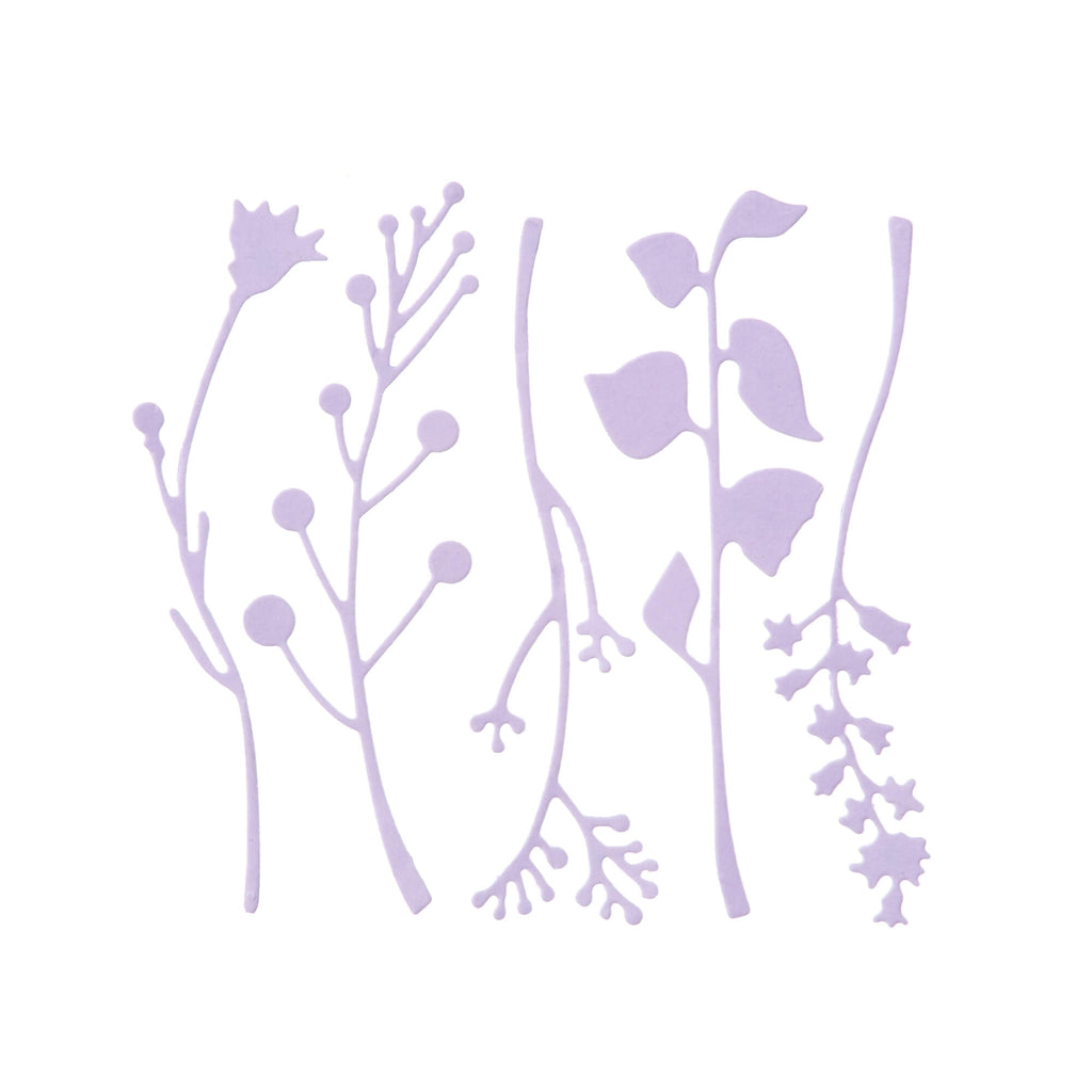 Ein Satz lila Blätter und Blüten auf weißem Hintergrund, mit der Stanzschablone Fünf verschiedene Äste von Stanzenshop.de.