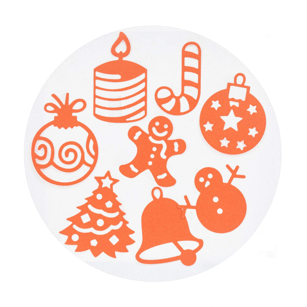 Ein Kreis mit verschiedenen Weihnachtsdekorationen darauf, die Stanzschablone: Set mit acht Weihnachtsmotiven von Stanzenshop.de.