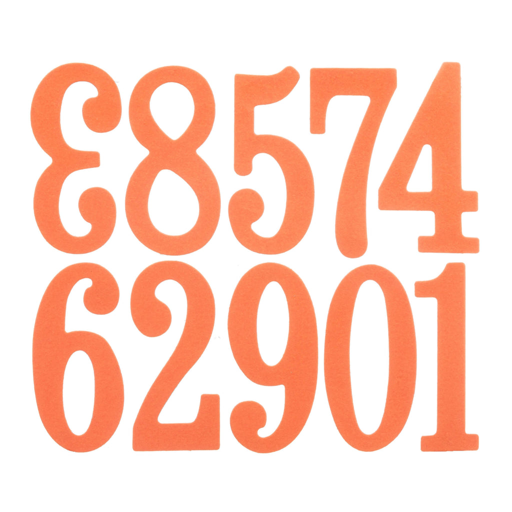 Ein Satz orangefarbener Zahlen auf weißem Hintergrund, perfekt zum Basteln mit der Stanzschablone Große Zahlen von Stanzenshop.de.