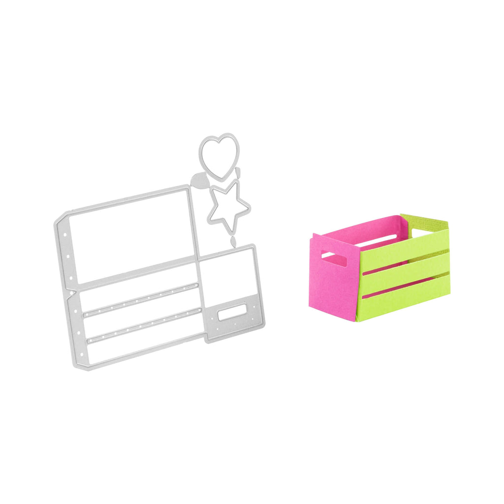 Eine rosa-grüne Stanzschablone Großer Karton mit Verzierungen, Korb, Kiste, Schachtel und eine Schachtel mit Herz darauf von Stanzenshop.de.