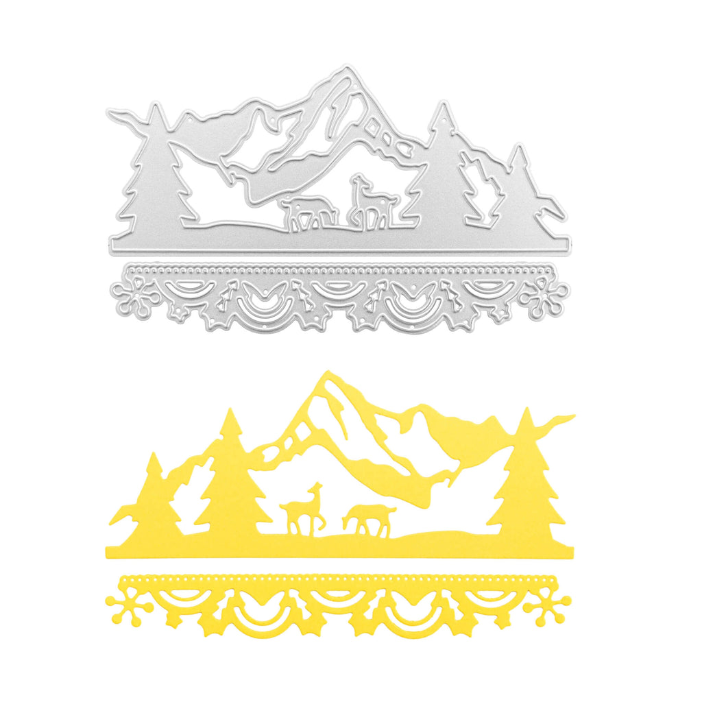 Ein Paar Stanzschablonen-Ausschnitte „Berge im Schnee“ mit Bergen und Bäumen, perfekt für die Erstellung eines vom Winter inspirierten Bastelergebnisses. Diese Stanzschablonen-Stücke „Berge im Schnee“ von Stanzenshop.de verleihen jedem einen Hauch von Natur.