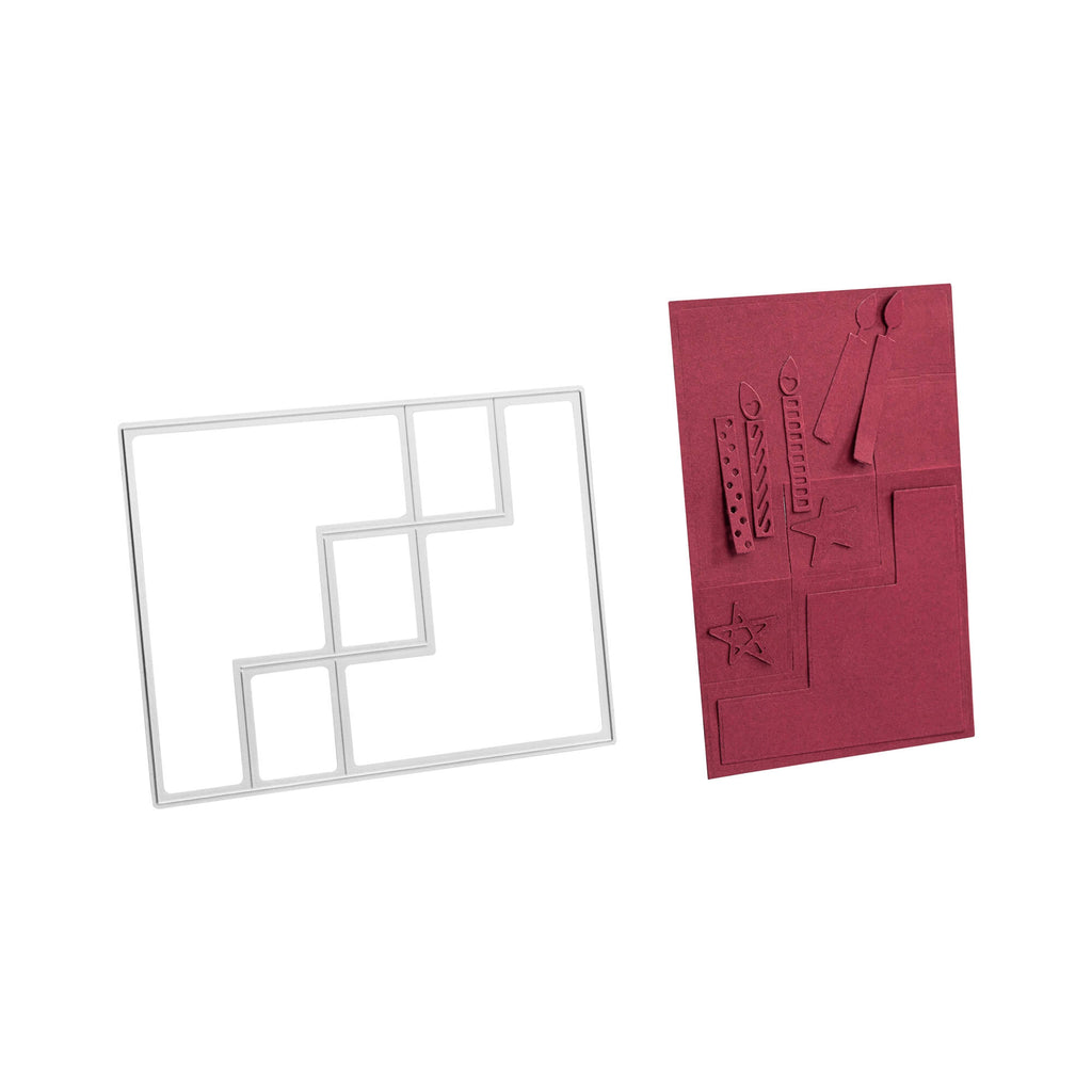 Ein Stanz-Geburtstagsschablonenset mit Rahmen von Stanzenshop.de, mit rotem Hintergrund und einem Stück Papier, ideal zum Gestalten von Geburtstagskarten oder Dekorationen.