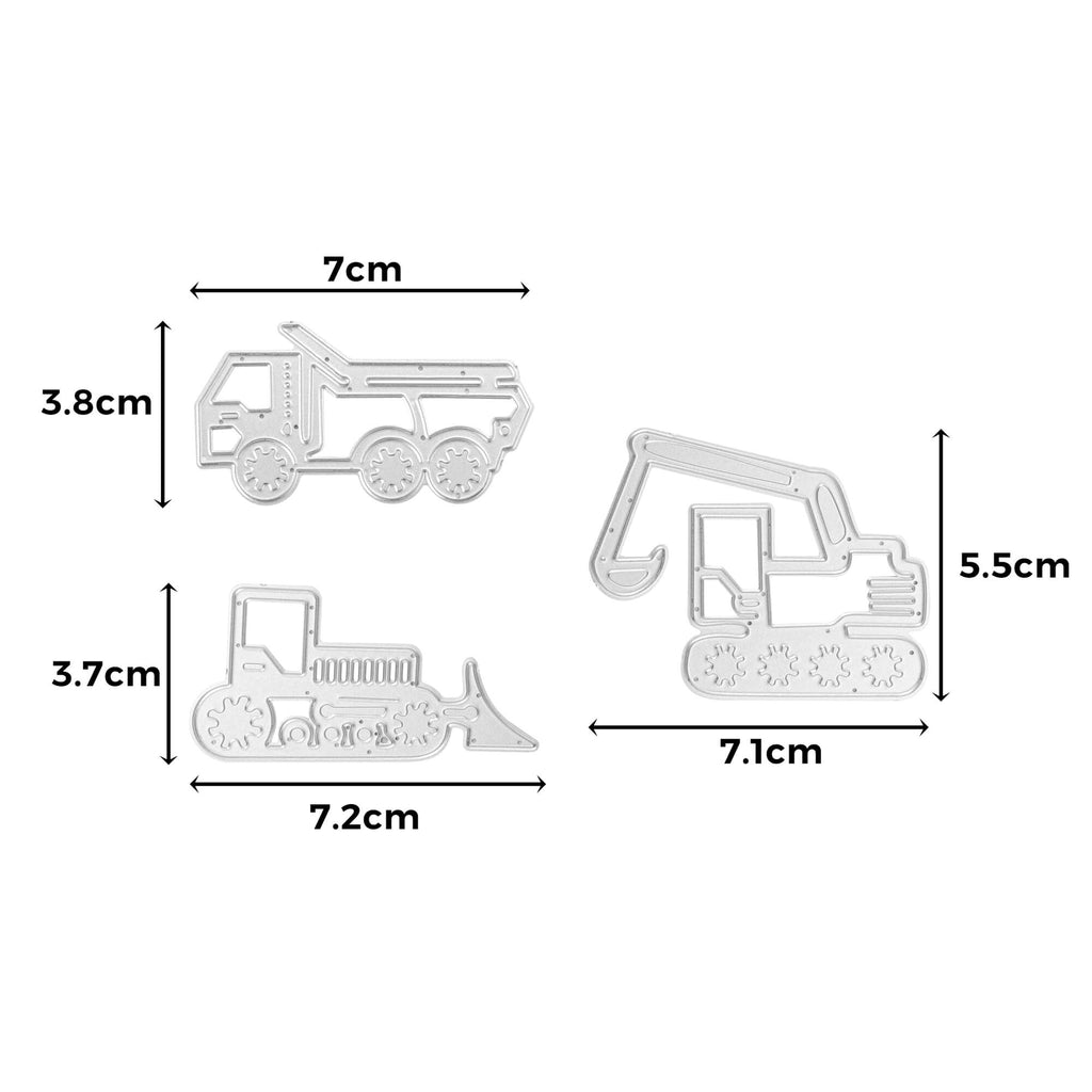 Eine Kollektion von Stanzschablonen Baufahrzeuge-Konstruktionsspielzeugen in verschiedenen Größen und Designs, erhältlich bei Stanzenshop.de.