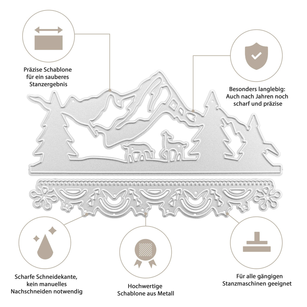 Ein Diagramm, das die Merkmale der Stanzschablone Berge im Schnee, Landschaft, Winter, Eiskristall von Stanzenshop.de zeigt.