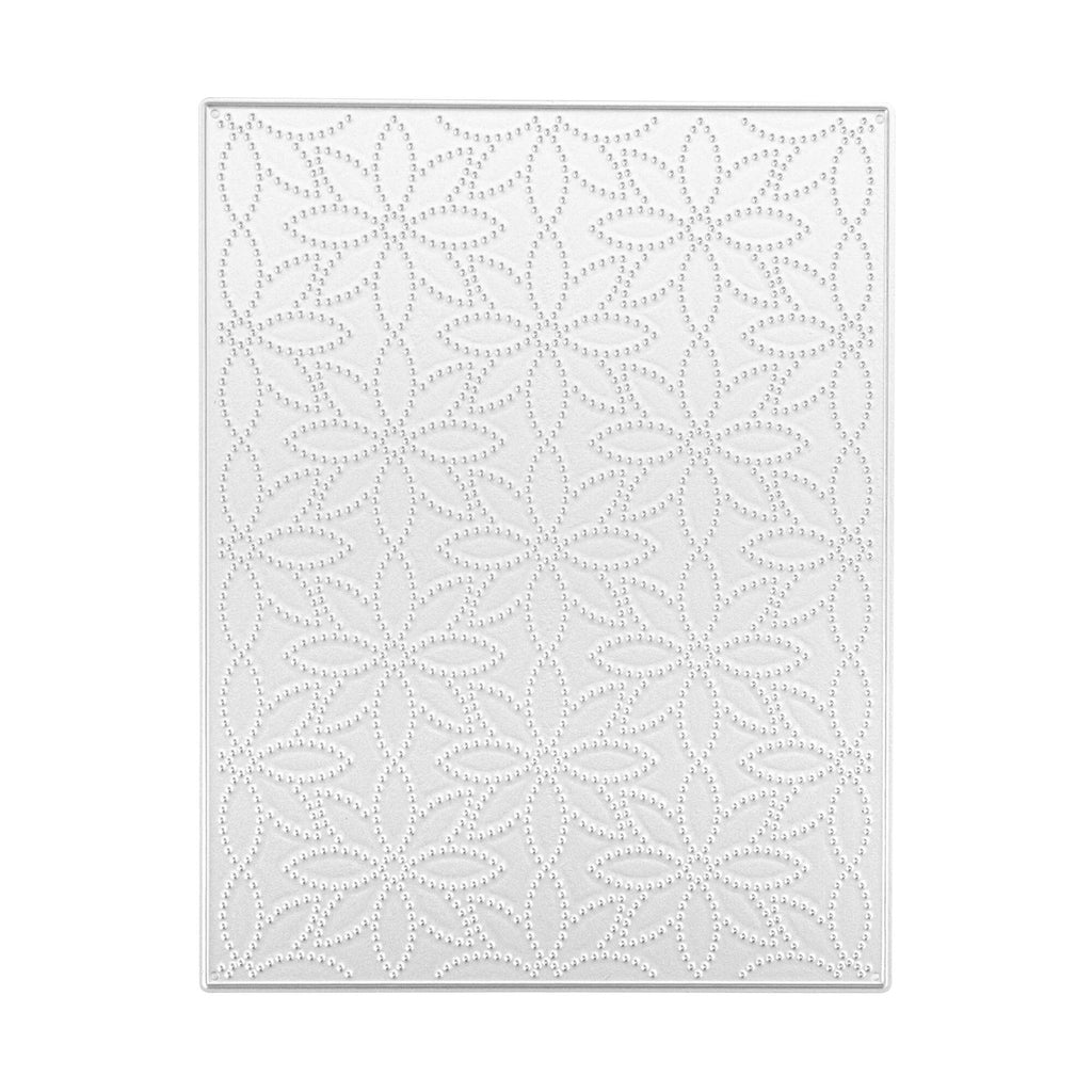 Eine weiße Karte mit Blumenmuster, erstellt mit einer Stanzschablone Platte mit Blumen von Stanzenshop.de, ergibt ein wunderschönes Bastelergebnis.