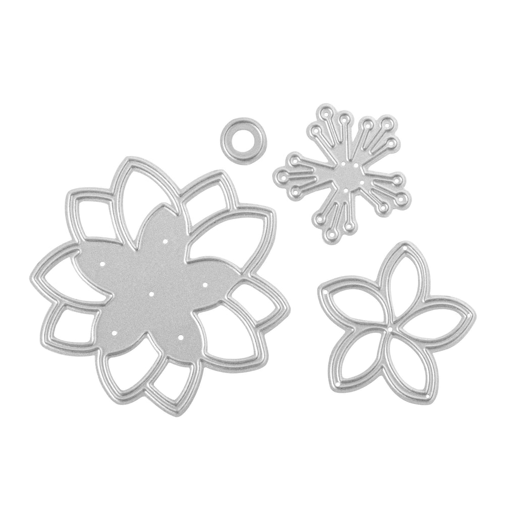 Ein Satz Blumenstanzformen aus Metall mit wunderschönen Stanzschablonen-Seerose-Designs auf einem strahlend weißen Hintergrund von Stanzenshop.de.