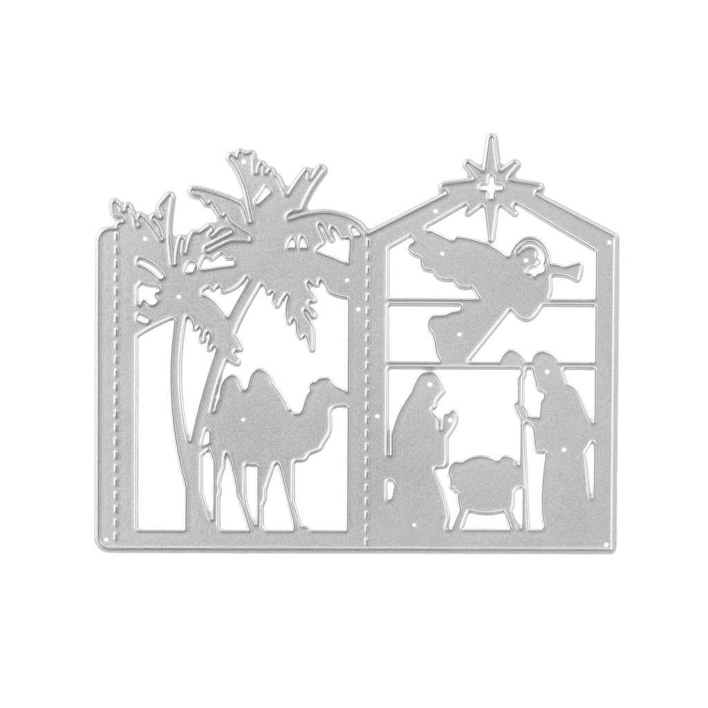 Auf weißem Hintergrund ist eine Stanzschablone Krippenlaterne, Bethlehem, Engel, Jesuskind von Stanzenshop.de abgebildet.