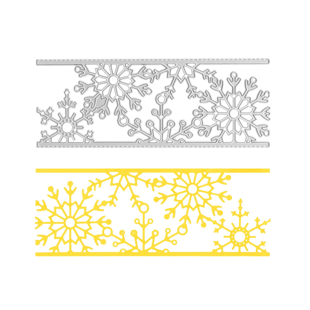 Ein Paar Schneeflocken-Stanzformen von Stanzenshop.de in Gelb und Silber, perfekt, um Ihren Bastelprojekten einen winterlichen Touch zu verleihen. Mit diesen hochwertigen Stanzschablonen „Band mit Schneekristallen“ lassen sich wunderschön aufwendige Designs kreieren.