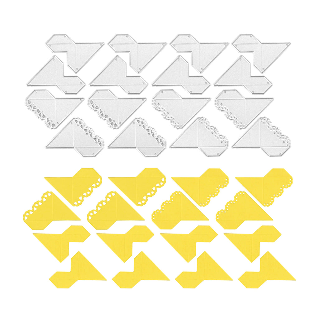 Ein Set aus gelben und weißen Dreiecken auf weißem Hintergrund, perfekt für Stanzmaschinen-Enthusiasten, die gerne mit Stanzschablone Fotoecken von Stanzenshop.de basteln.