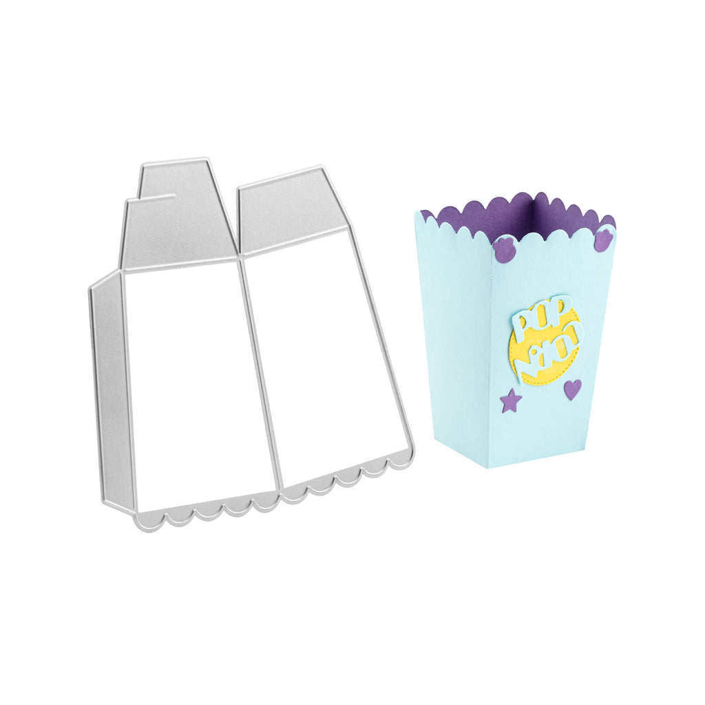 Eine Stanzenshop.de Stanzschablone Popcornschachtel, Kino, Snack, Behälter mit einer Popcornschachtel daneben.