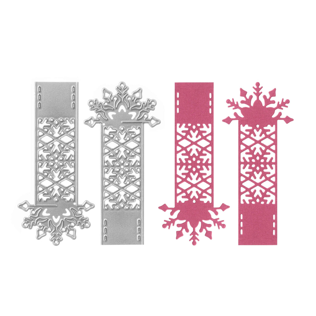 Ein Satz Stanzschablone Schneeflockenband-Lesezeichen aus Metall von Stanzenshop.de mit Wintermotiven.