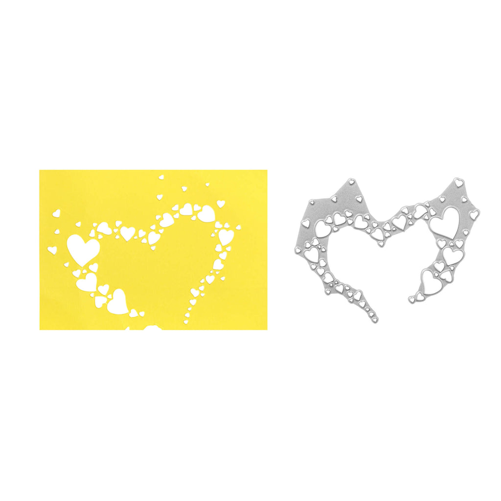 Ein Bild einer Stanzschablone Herz aus kleinen Herzen, Ornament, Muster, Kunst von Stanzenshop.de und einem gelben Hintergrund.