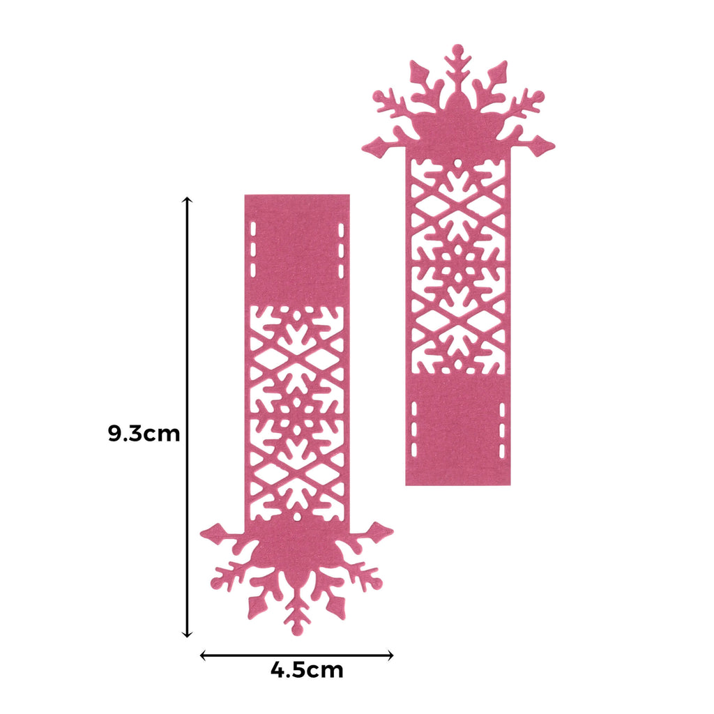 Ein Paar rosafarbene Stanzschablonen-Schneeflockenbänder mit Schneeflocken-Design, perfekt für winterliche Motive und als Bastelergebnis – von Stanzenshop.de.