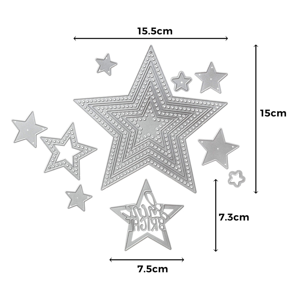 Eine Sammlung von Stanzschablonen mit Maßangaben für Bastelprojekte, das "Stanzschablonen Set Sterne mit Punkten" von Stanzenshop.de.