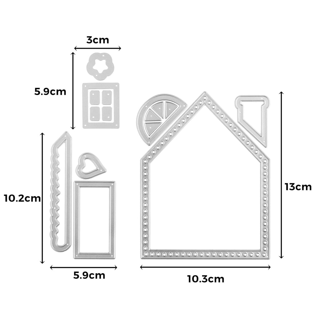 Ein Stanzenshop.de-Papierdiagramm, das die Maße eines Hauses mithilfe der Stanzschablone Haus mit Deko zeigt.