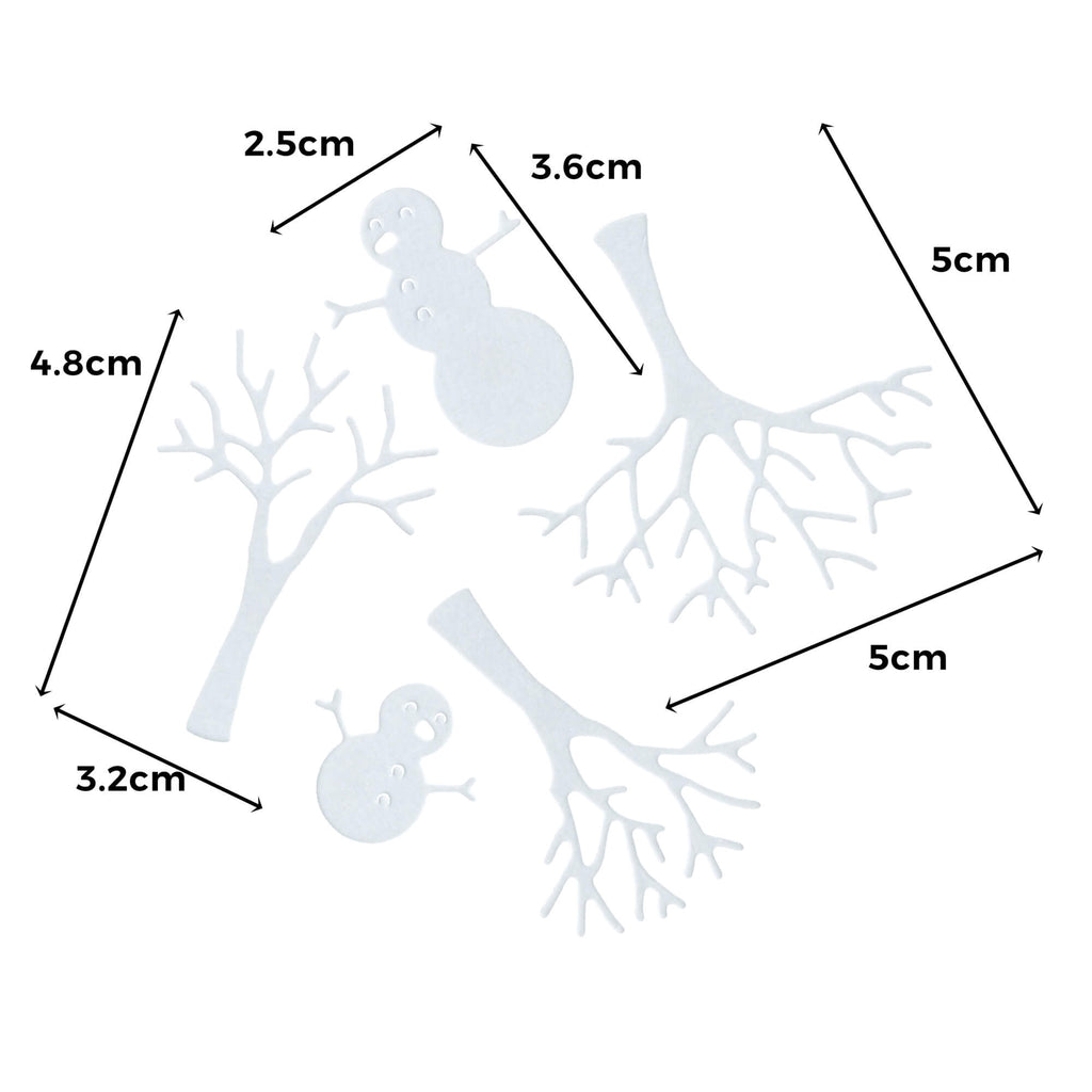 Ein winterliches Diagramm mit den Maßen von Schneemännern und Bäumen, erstellt mit Hilfe einer Stanzschablone Schneemänner und Bäume von Stanzenshop.de für DIY-Bastelzwecke.