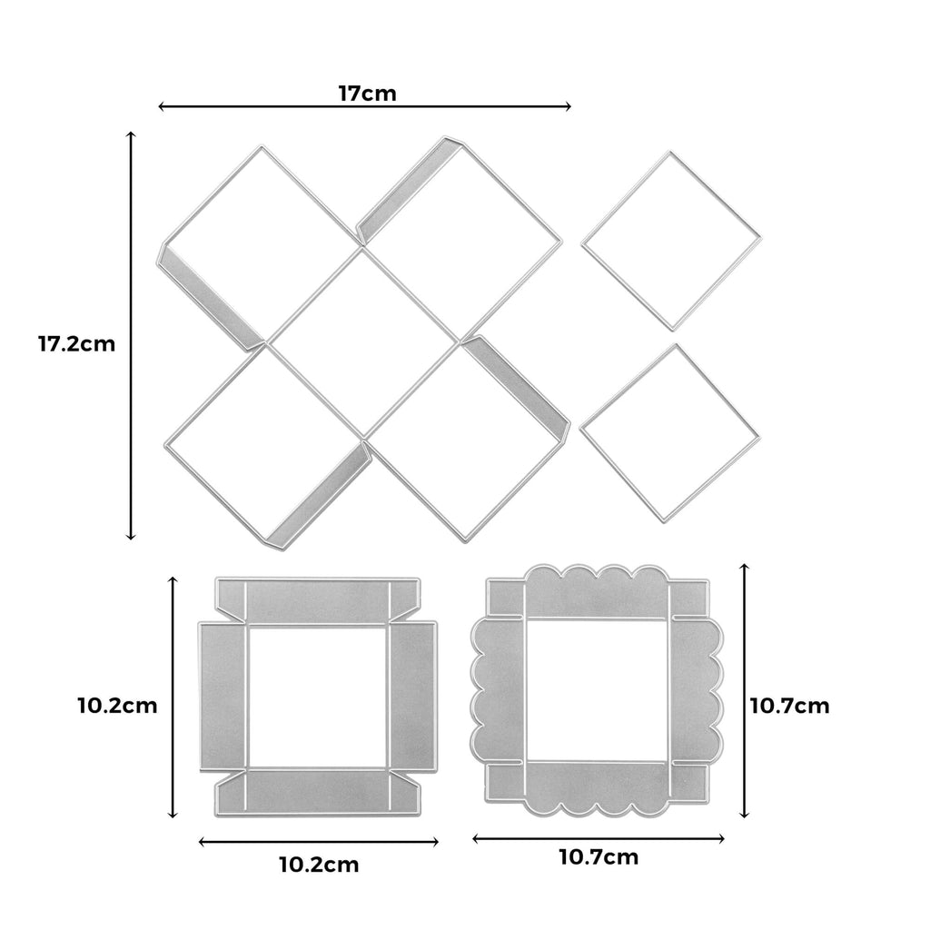 Ein Maßsatz für ein Set quadratischer Ausstechformen, auch bekannt als Stanzschablone Quadratische Box von Stanzenshop.de.