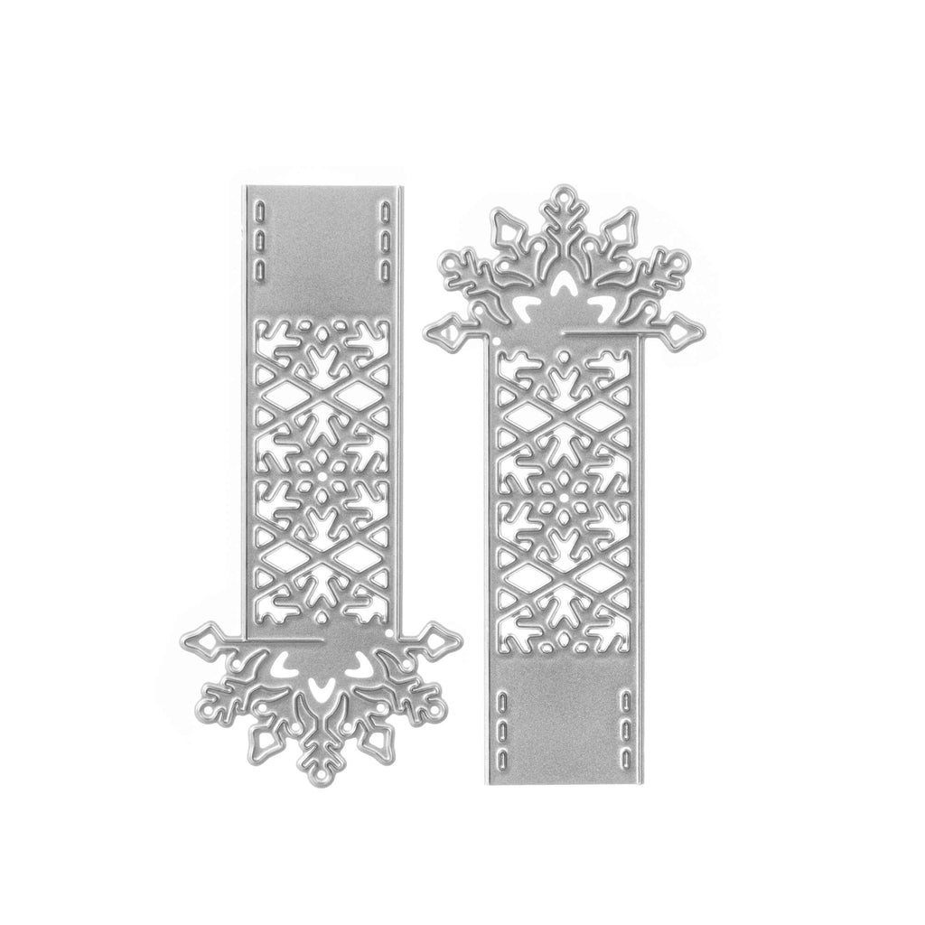 Ein Paar versilberte Metall-Lesezeichen von Stanzenshop.de mit Stanzschablone Schneeflockenband-Motiven.