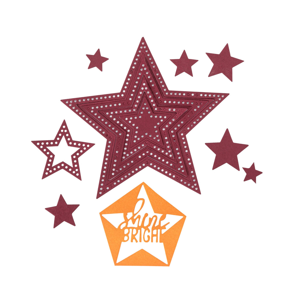 Ein Satz Sterne mit dem Wort „Kingshine“ darauf, perfekt für Bastel- und Stanzbegeisterte mit dem Stanzschablonen-Set Sterne mit Punkten von Stanzenshop.de.