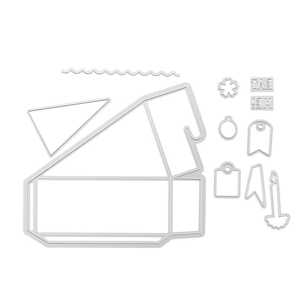Ein weißes Blatt Papier mit einer Stanzschablone: Tortenschachtel von Stanzenshop.de, einer Schere und anderen Gegenständen.