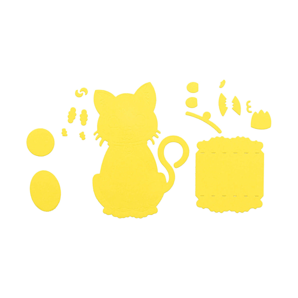 Ein Bastelergebnis einer Stanzschablone Aufsteller Katze von Stanzenshop.de mit gelbem Hintergrund.