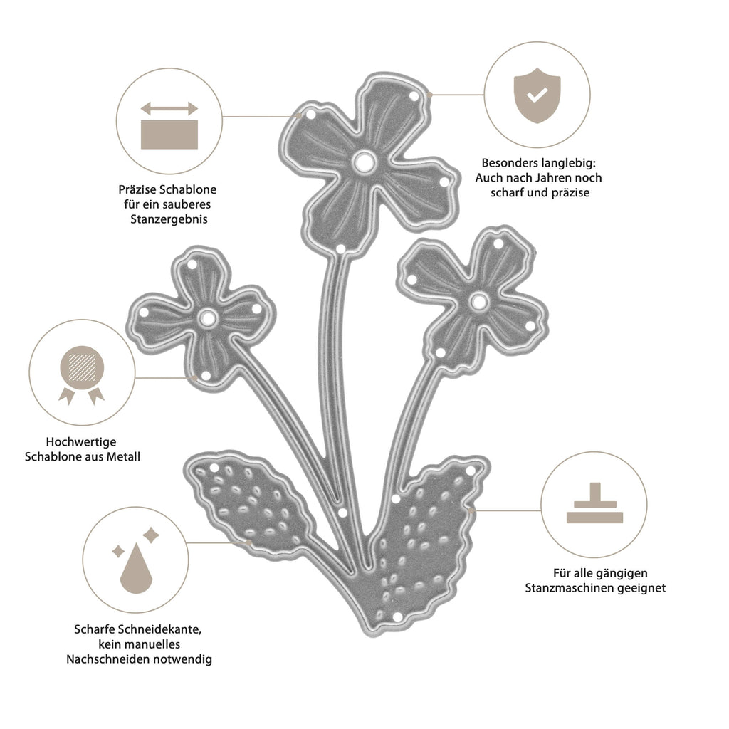 Ein Diagramm, das die „Stanzschablone: Kleine Blume mit drei Blüten“ von Stanzenshop.de zeigt, einer Quelle für erschwingliche Stanzschablonen.