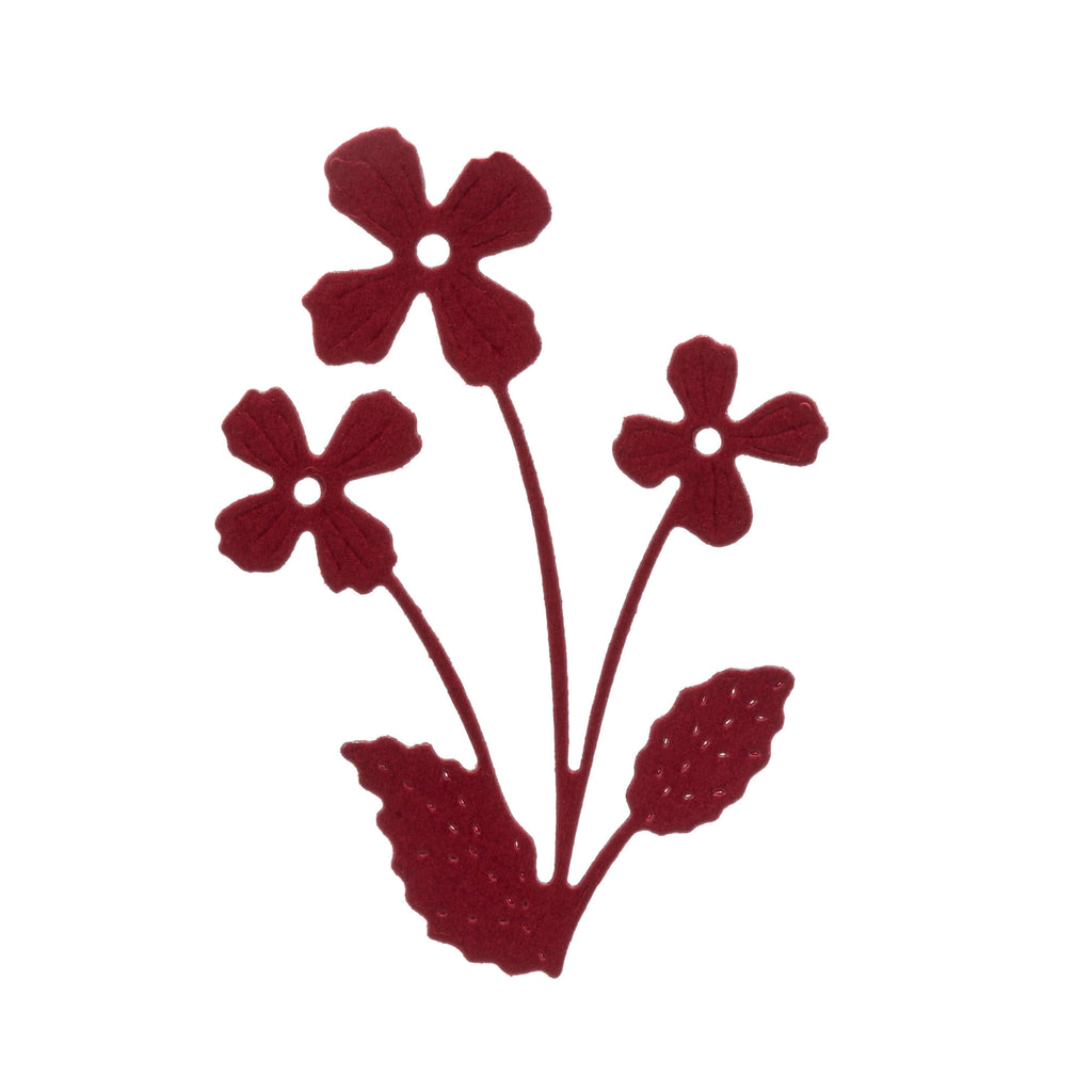 Ein roter Stanzen: Kleine Blume mit drei Blüten von Stanzenshop.de mit Blättern auf weißem Hintergrund.