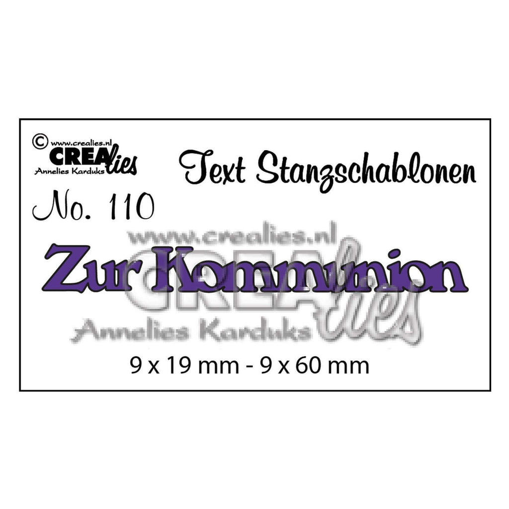 Ein Schild mit der Aufschrift Crealies Stanzschablone Schriftzug / Text "zur Kommunion" 10 - zur kommun.