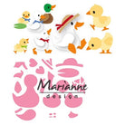 Illustration von Enten und Entenküken über rosa Schablonen zum Zusammensetzen von Entenformen mit der Marianne Design - Collectables Präge- und Stanzschablone Eline's Entenfamilie von Marianne Design, ideal für Scrapbooking.