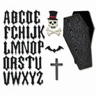 Buchstaben im Gothic-Stil, Totenkopf mit Zylinder und Knochen, Fledermaus, Sarg und Kreuz auf Weiß - die Thinlits 666680 Die Vault Coffin Box (3 Stück) von Sizzix ist perfekt für einzigartige Papierbastelprojekte.