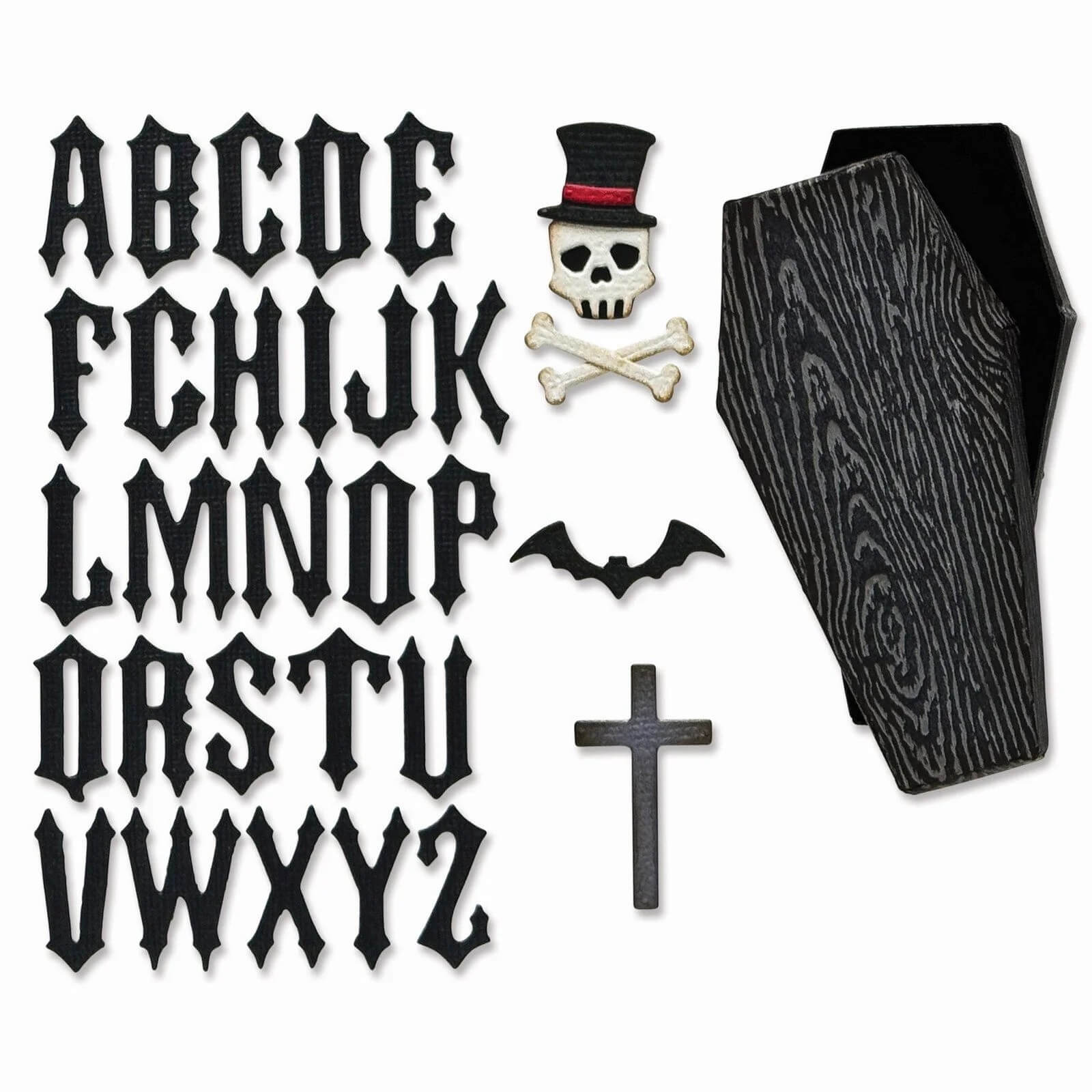 Buchstaben im Gothic-Stil, Totenkopf mit Zylinder und Knochen, Fledermaus, Sarg und Kreuz auf Weiß - die Thinlits 666680 Die Vault Coffin Box (3 Stück) von Sizzix ist perfekt für einzigartige Papierbastelprojekte.