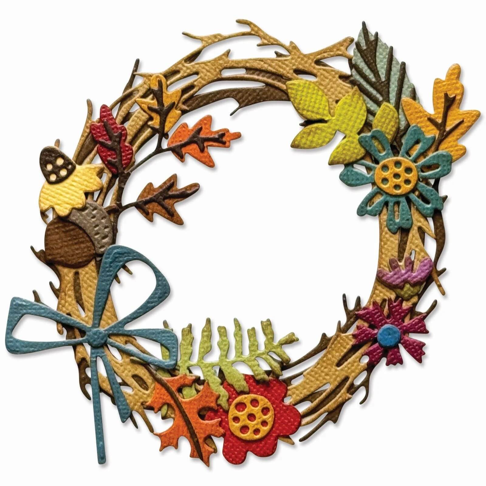 Das Sizzix 666682 - Thinlits Die Vault Foliage Wreath (14tlg.) Set von Sizzix kreiert dekorative Kränze mit bunten Papierblumen, Blättern, einer Eichel und einer blauen Schleife - perfekt für Papierbastelprojekte.