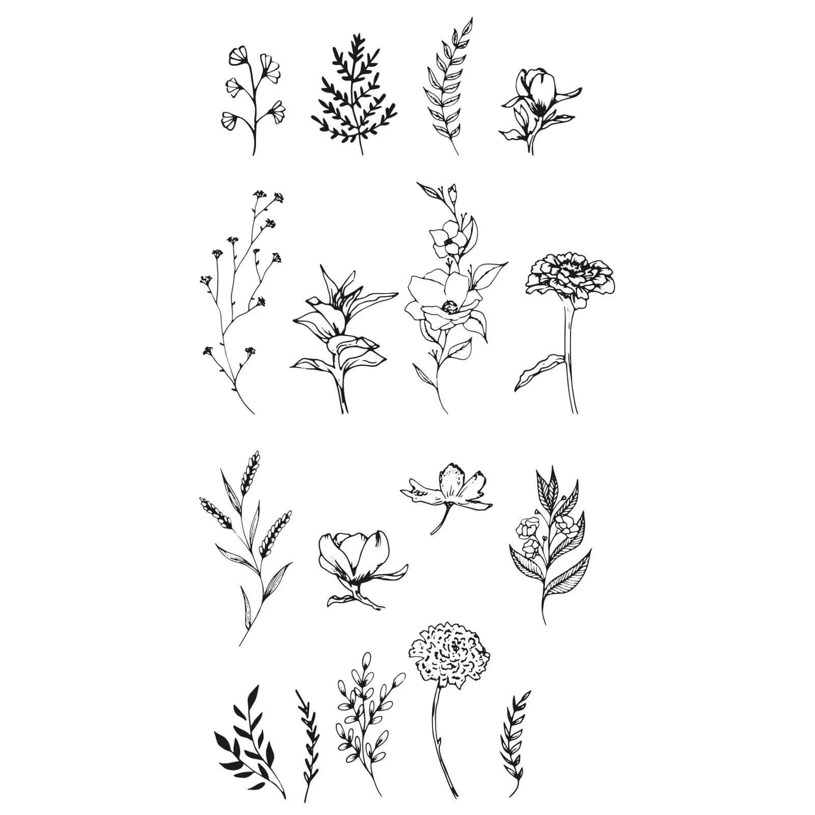 Das Sizzix 666641 - Clear Stamp Set Garden Botanicals (17 Stück) von Sizzix zeigt elegante botanische Motive in Schwarz und Weiß - ideal für Stempelfreunde und Kranzdesign-Projekte.