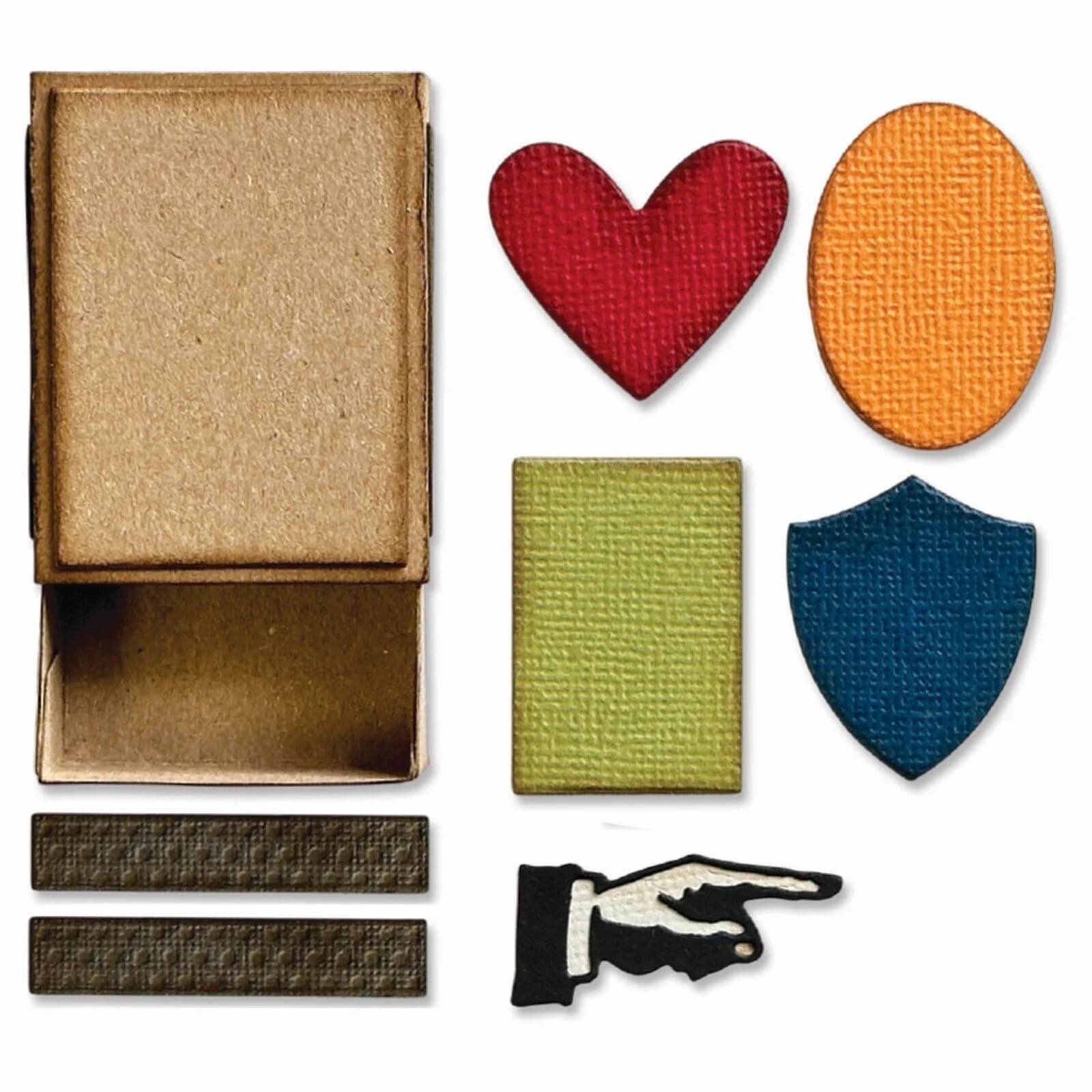 Eine kleine offene Pappschachtel, die mit den Sizzix 666604 Thinlits Vault Streichholzschachtel (10 Stück) von Sizzix hergestellt wurde, sitzt neben sechs farbigen Formen: rotes Herz, orangefarbenes Oval, grünes Rechteck, blaues Schild, zwei schwarze Balken und eine schwarz-weiße Zeigerhand - ideal für kleine Bastelarbeiten.