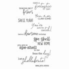 Das Sizzix 666668 - Clear Stempelset Seas the Day (11 Stück) von Sizzix enthält verspielte Sprüche zum Thema Meer wie "fintastic day", "SHELL YEAH!" und "let's shellabrate!" - ideal für maritime Stempelprojekte.