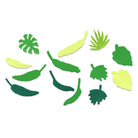 Sortierte Sizzix 666661 Thinlits Stay Wild No.2 Papierblätter in Grün und Gelb sind auf einem weißen Hintergrund angeordnet - perfekt für Scrapbooking und kreative Projekte mit diesem 14-teiligen Set von Sizzix.