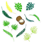 Verschiedene illustrierte tropische Blätter in Grün- und Gelbtönen, arrangiert mit zwei Kokosnüssen (eine halbiert), bieten die perfekte Inspiration für Ihre Sizzix 666660 - Clear Stamp Set Stay Wild 18pcs by Sizzix Kreationen.