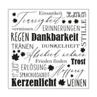 Erstellen Sie mit dem Mundart Stempel - Prägeschablone deutscher Text "Trost" auf Ihrer Sizzix BigShot Präge- und Stanzmaschine eine quadratische Collage aus deutschen Wörtern wie "Traurigkeit" und "Kerzenlicht" mit Ahornblättern.