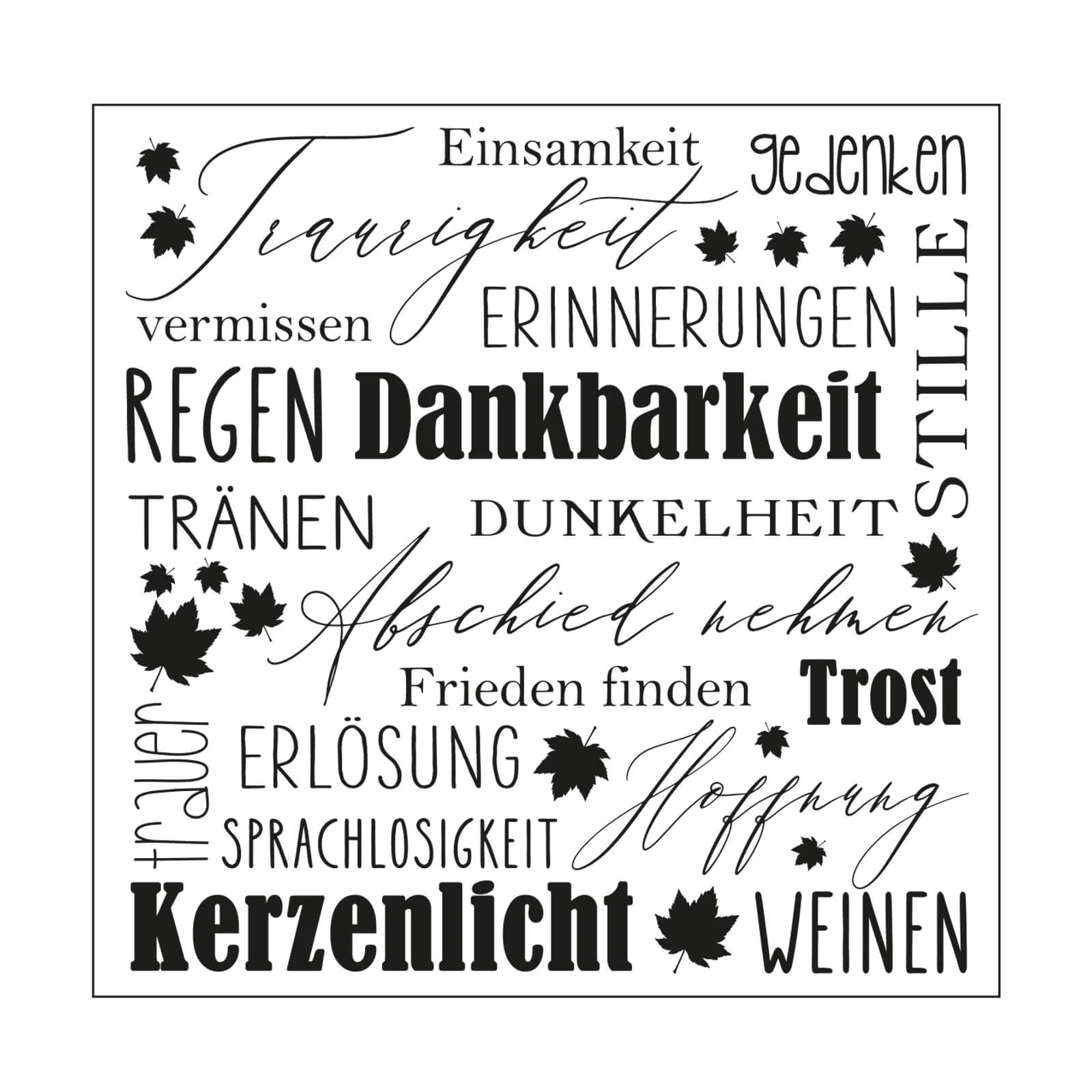 Erstellen Sie mit dem Mundart Stempel - Prägeschablone deutscher Text "Trost" auf Ihrer Sizzix BigShot Präge- und Stanzmaschine eine quadratische Collage aus deutschen Wörtern wie "Traurigkeit" und "Kerzenlicht" mit Ahornblättern.