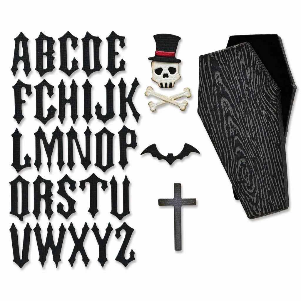 Entdecken Sie die Sizzix Thinlits Die Vault Coffin Box 3-teilig, mit gotischen Alphabetbuchstaben, einem Sarg, einem Kreuz, einer Fledermaus, einem Totenkopf und gekreuzten Knochen sowie einem Zylinder. Dieses Set ist perfekt für Ihre Halloween-Papierbastelprojekte.