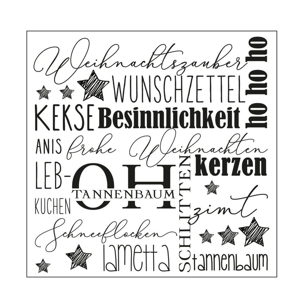 Eine Collage aus deutschen Weihnachtswörtern in verschiedenen Schriftarten, darunter „Weihnachtszauber“, „Wunschzettel“ und „Lebkuchen“, erstellt mit dem Sizzix Mundart Stempel • Prägeschablone deutscher Text „Weihnachten“. Dekorative Sterne und Feiertagsmotive runden das festliche Design ab.