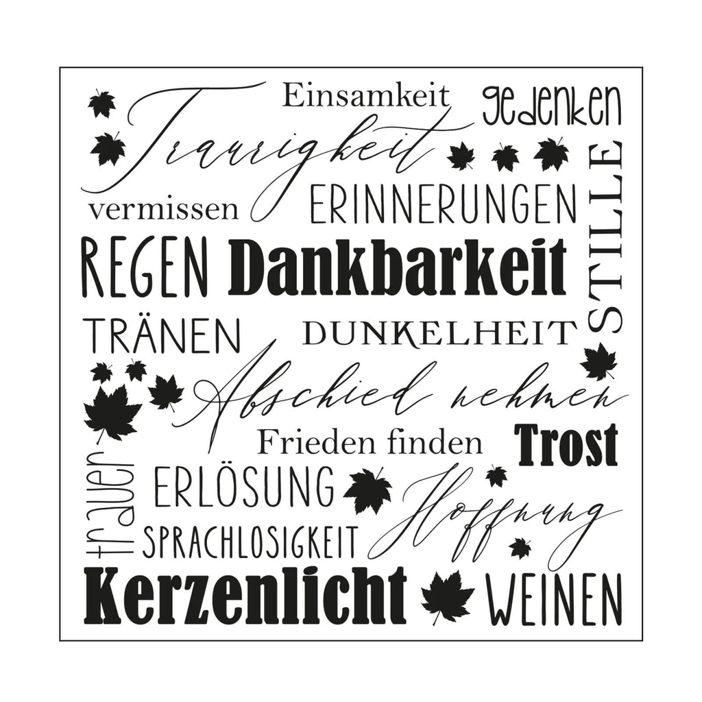 Eine Collage aus deutschen Wörtern im Zusammenhang mit Emotionen und Seinszuständen, wie Dankbarkeit (Dankbarkeit), Erinnerungen (Erinnerungen) und Einsamkeit (Einsamkeit), in verschiedenen Schriftarten und Größen, erstellt mit der Mundart Stempel Prägeschablone deutscher Text „Trost“ mit dem Sizzix BigShot Präge- und Stanzmaschine.