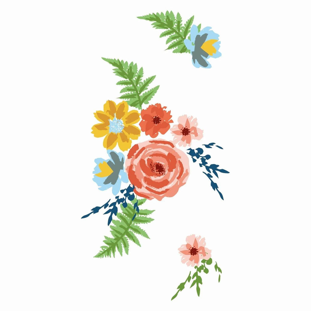 Eine bezaubernde Blumenillustration mit einem Blumengemisch, darunter eine auffällige rosa Rose, eine gelbe Blume und kleinere blaue und rosa Blüten, alle wunderschön akzentuiert durch grüne Blätter. Dieses Kunstwerk wird mit dem Sizzix Layered Clear Stamp Set Painted Florals 20-teilig zum Leben erweckt und sorgt für ein noch besseres Bastelerlebnis.