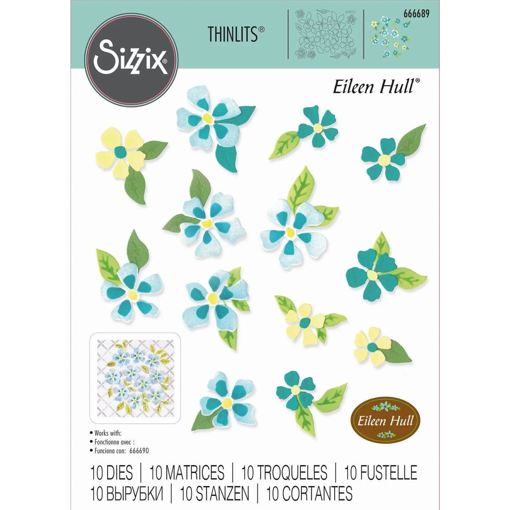 Bild des Sizzix Thinlits Stanzsets Painterly Blooms & Background von Eileen Hull, das Blumendesigns mit verschiedenen Blumen und Blättern zeigt. Das Set enthält 12 Metallstanzen, die mit den meisten Stanzmaschinen kompatibel sind.