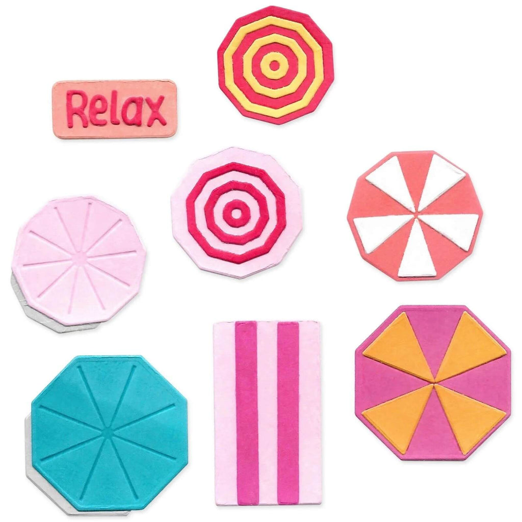 Das Sizzix Thinlits Die Set Beach Blankets & Brellas Nr. 2 mit 15 pastellfarbenen geometrischen Formen, darunter Achtecke, Kreise und eine rechteckige Stanze mit der Aufschrift „Relax“, ist die perfekte Ergänzung für Ihre Stempelset-Projekte.