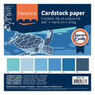 Florence - Cardstock Multipack Textur 15,2x15,2cm Blau Packungsetikett zeigt eine Meeresschildkröte, sechs Farbfelder und Produktdetails: Größe, Flächengewicht Papier, säurefrei und 24 Stück Inhalt. Marke: Florenz.