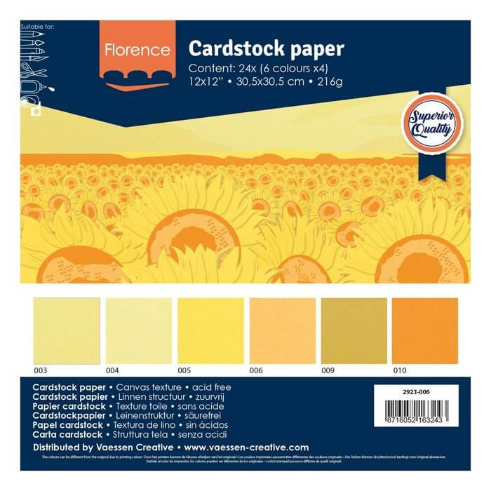 Florence • Cardstock Multipack Textur 30,5x30,5cm Gelb ist ein säurefreies Cardstockpapier mit Sonnenblumenmotiv.
