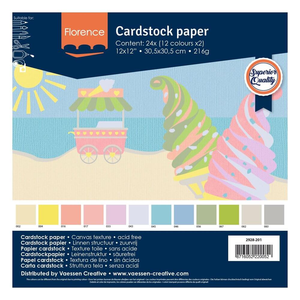 Eine Packung Florence • Cardstock Multipack Textur 30,5x30,5cm Pastell mit einem Eiswagen darauf.