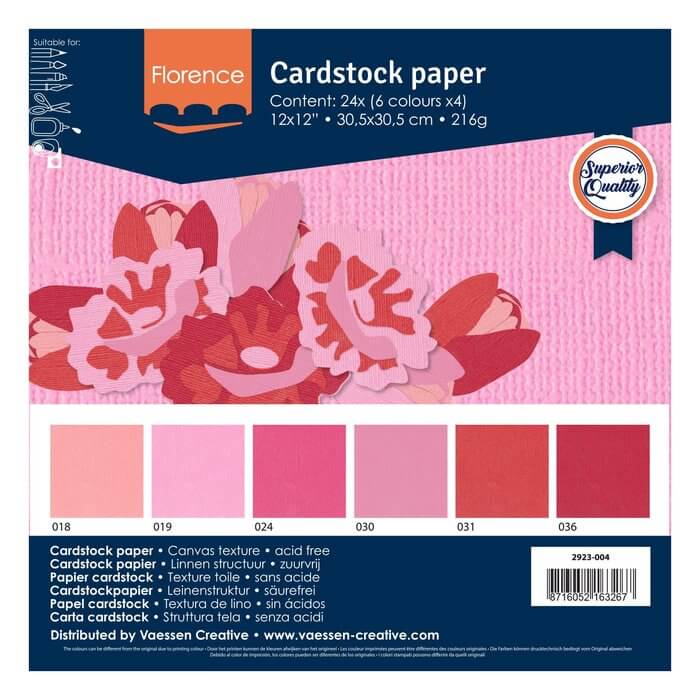 Der Florence Cardstock Multipack Textur 30,5x30,5cm Roze enthält 24 säurefreie Bögen in sechs Rosa- und Rottönen mit floralen Ausschnitten - perfekt für Ihre kreativen Projekte.