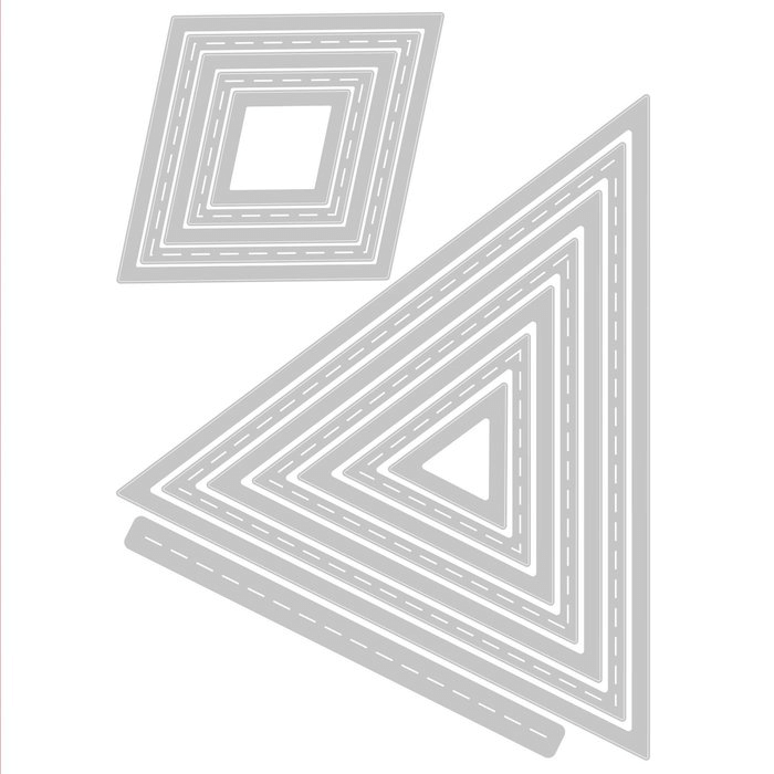 Ein Paar Dreiecke und ein Quadrat auf weißem Hintergrund zeigen ihre Produktabmessungen im Format LxBxH, Sizzix Framelits Stanzschablonen-Set, 13er-Pckg., geometrisch genähter Rahmen von Olivia Rose.